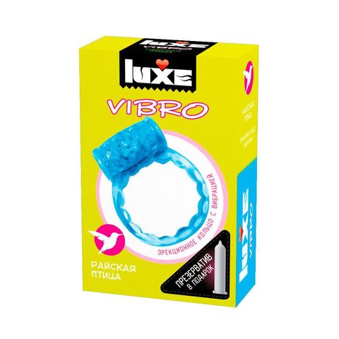 Голубое эрекционное виброкольцо Luxe VIBRO  Райская птица  + презерватив