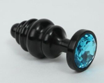 Черная фигурная анальная пробка с голубым кристаллом - 8,2 см.