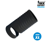 Черная открытая насадка на пенис с кольцом для мошонки XL-size - 8,9 см.