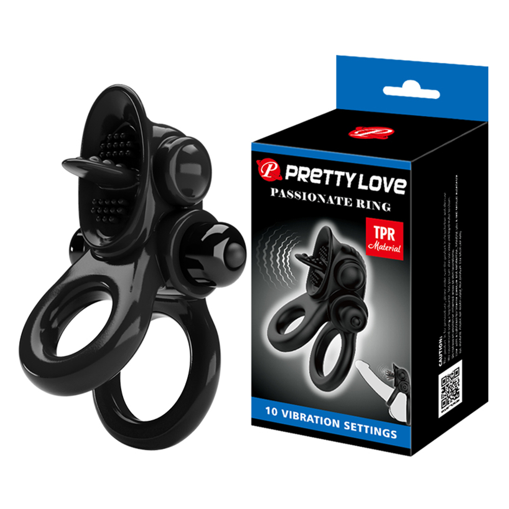 Эрекционное кольцо двойное с вибрацией и стимулятором TPR черное PRETTY LOVE BI-210239