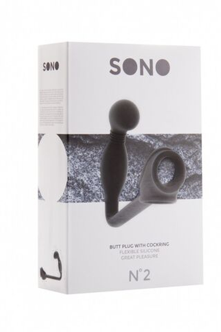 Чёрная анальная пробка с эрекционным кольцом SONO №2 - 11,4 см.
